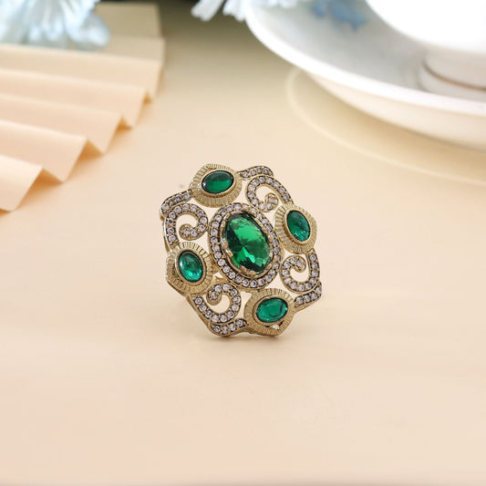 Green Color American Diamond Ring Crafted For Timeless Traditional Fashion