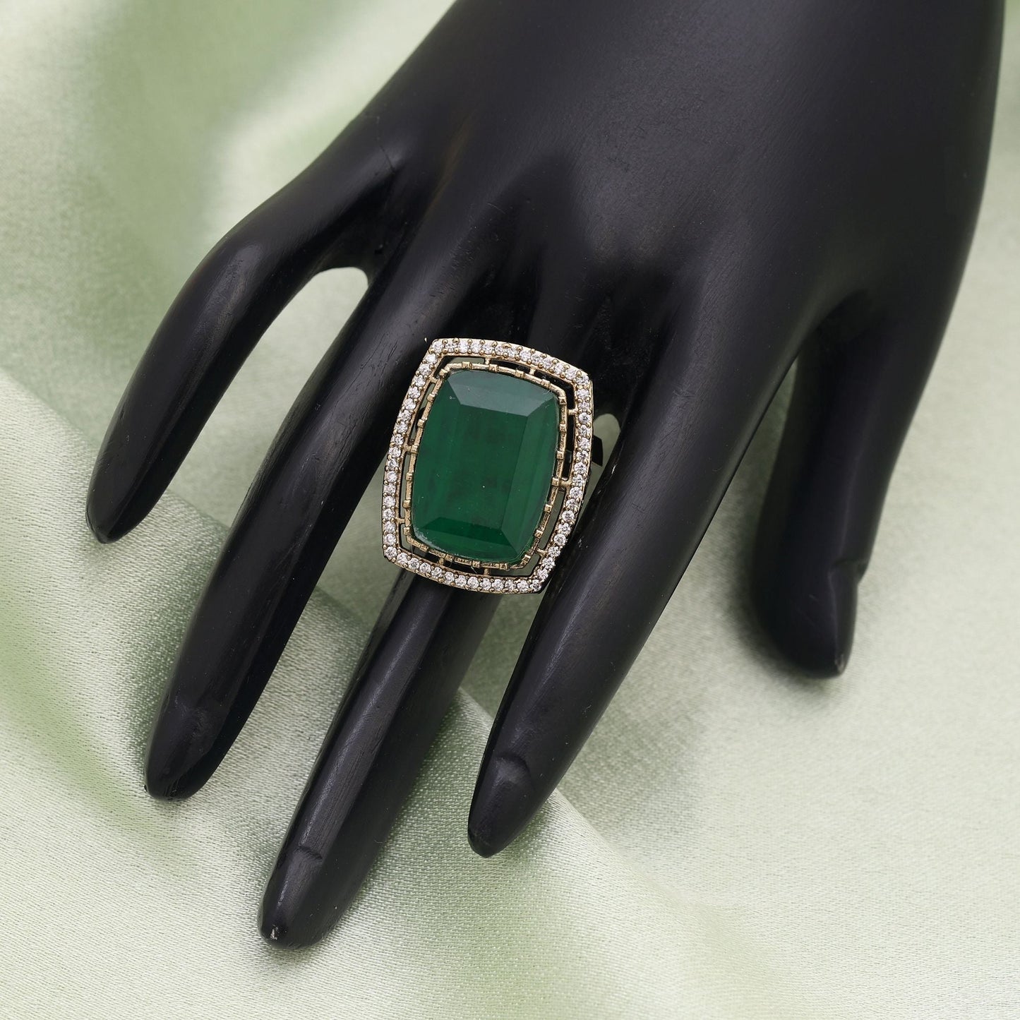 Green Color American Diamond Ring Styled For Elegant Ethnic And Party Looks