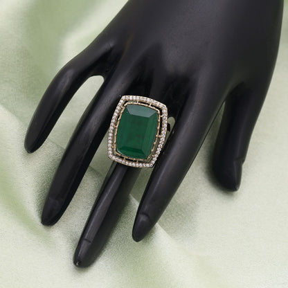 Green Color American Diamond Ring Styled For Elegant Ethnic And Party Looks