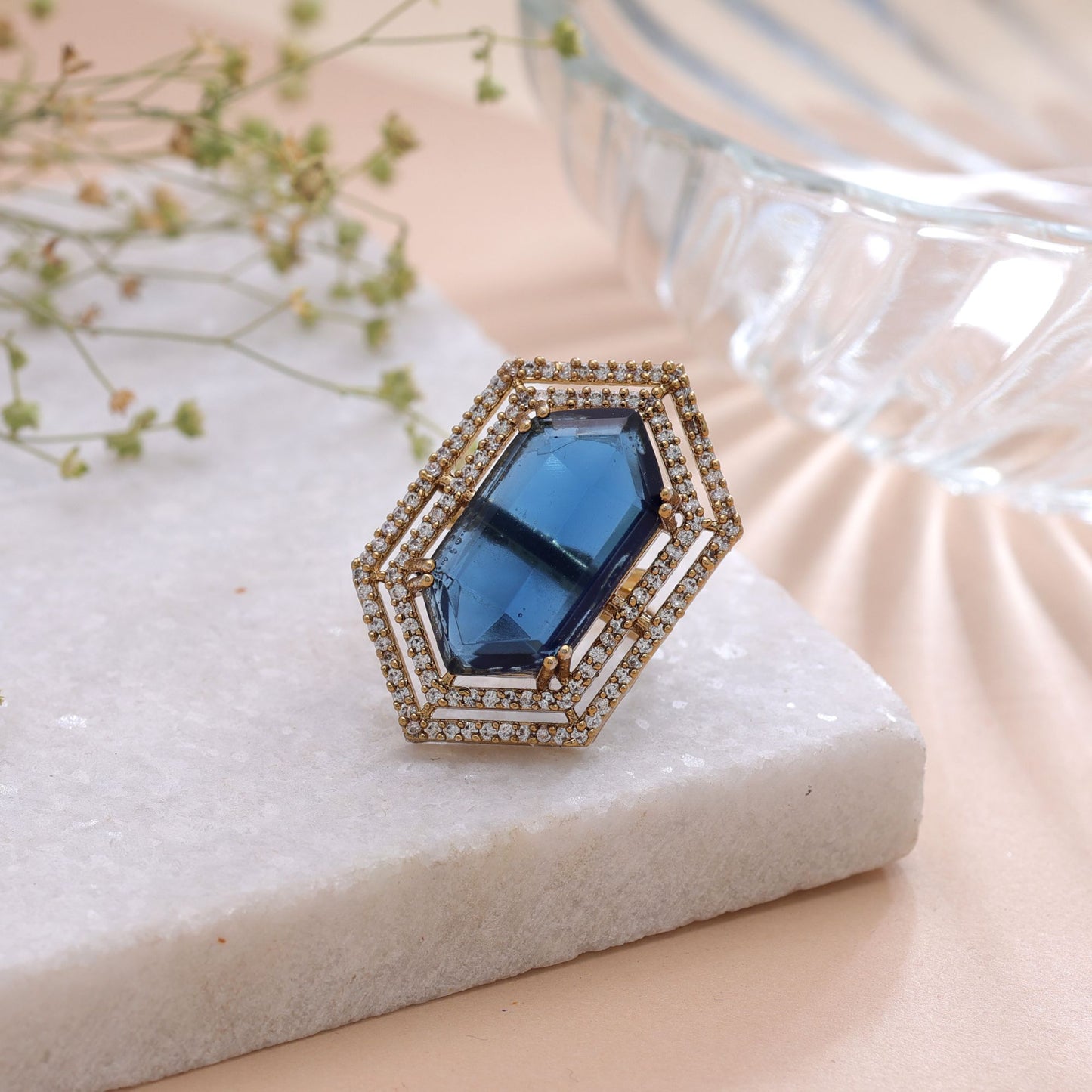 Blue Color American Diamond Ring Crafted with Premium Sparkling Crystal Finish
