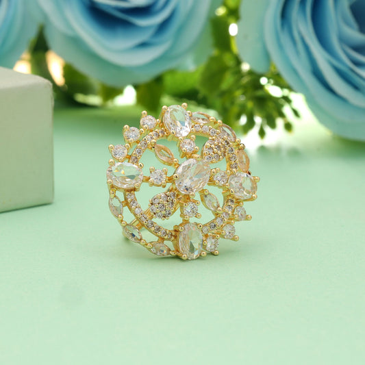 Gold Color American Diamond Ring Classic Bridal Statement Jewelry Collection Design