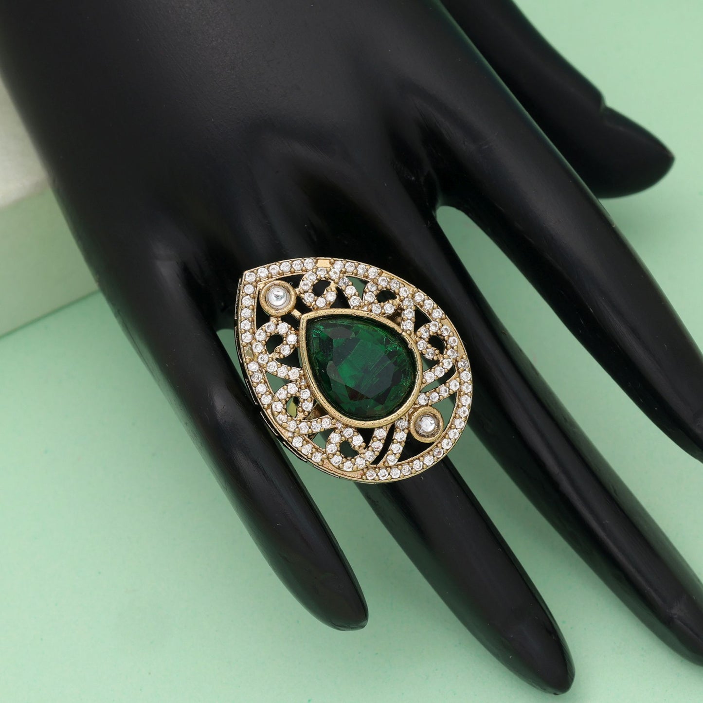 Green Color American Diamond Ring Classic Traditional Daily Wear Jewelry Design