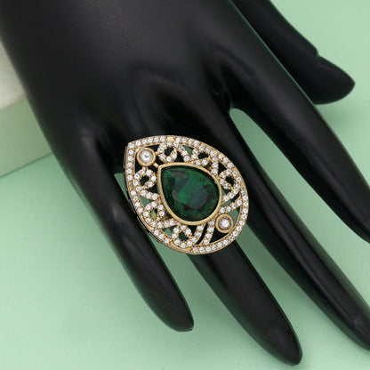 Green Color American Diamond Ring Classic Traditional Daily Wear Jewelry Design