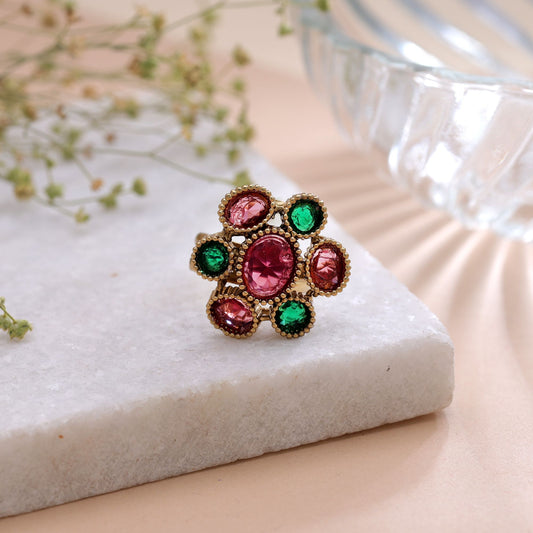 Pink & Green Color American Diamond Ring with Stylish Crystal Designer Appeal