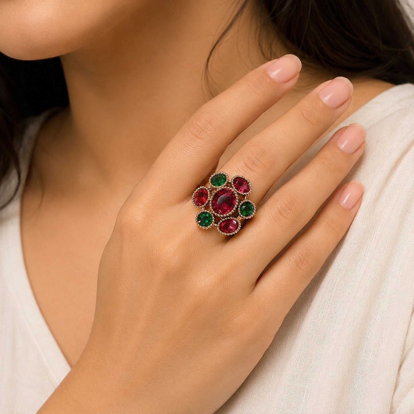 Pink & Green Color American Diamond Ring with Stylish Crystal Designer Appeal