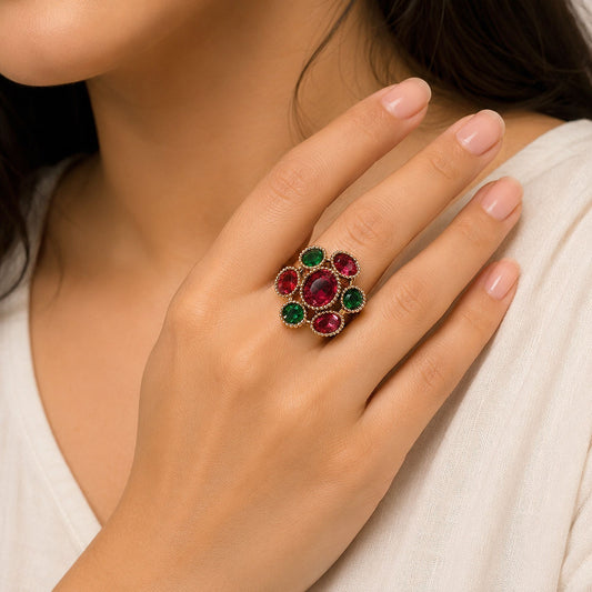 Pink & Green Color American Diamond Ring with Stylish Crystal Designer Appeal