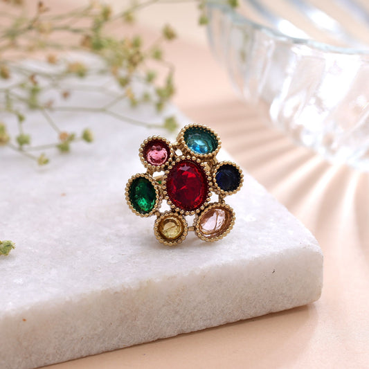 Red Color American Diamond Ring Featuring Graceful Sparkling Party Wear Design