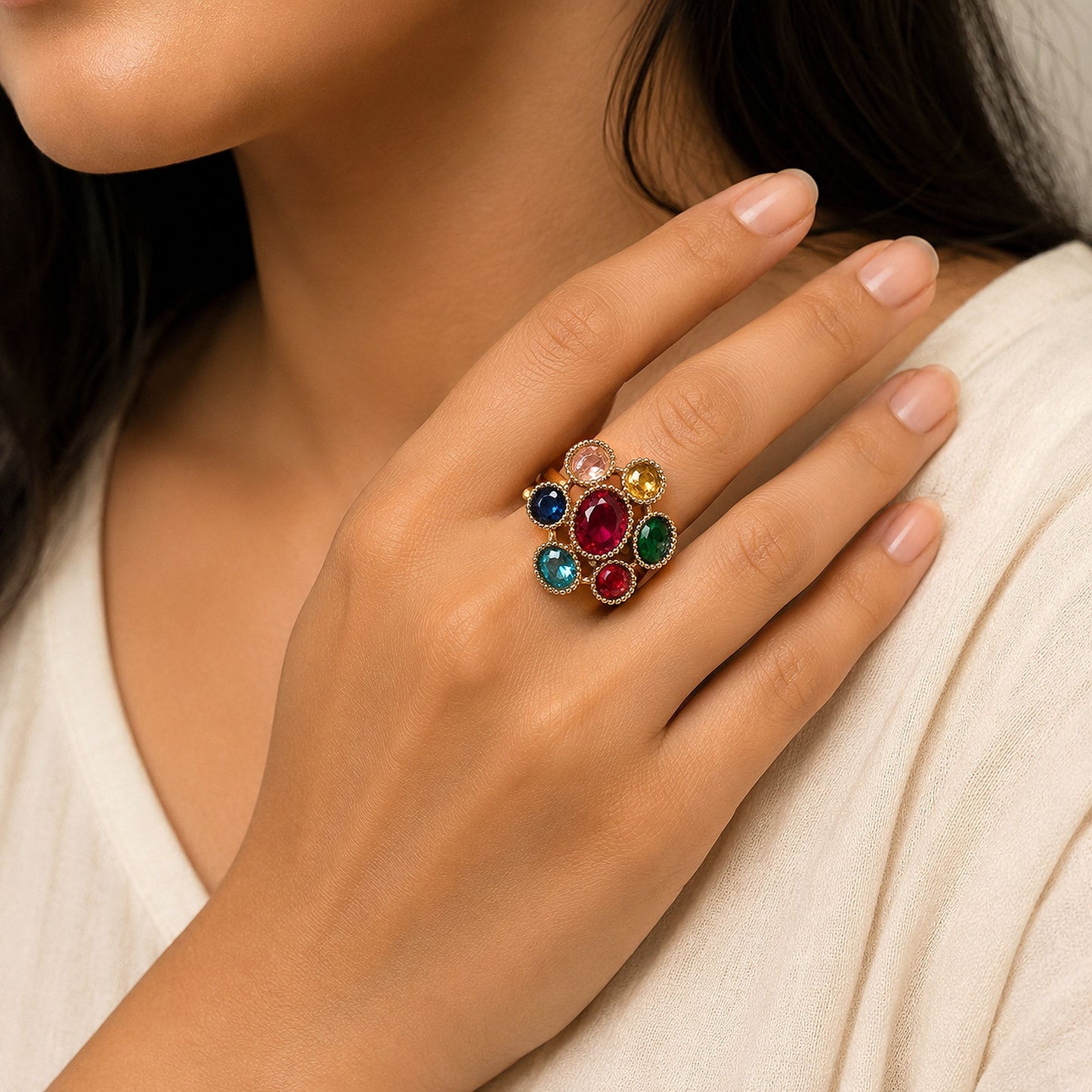 Red Color American Diamond Ring Featuring Graceful Sparkling Party Wear Design