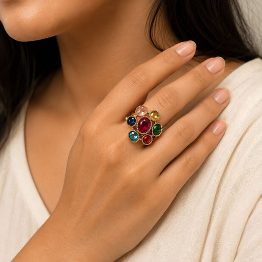 Red Color American Diamond Ring Featuring Graceful Sparkling Party Wear Design