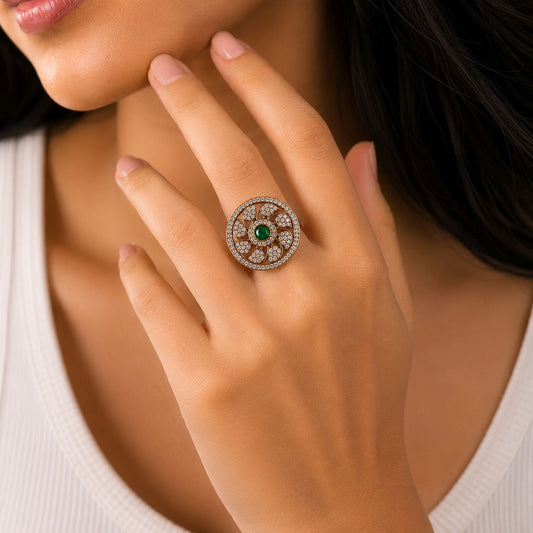Green Color American Diamond Ring with Beautiful Sparkling Jewelry Appeal