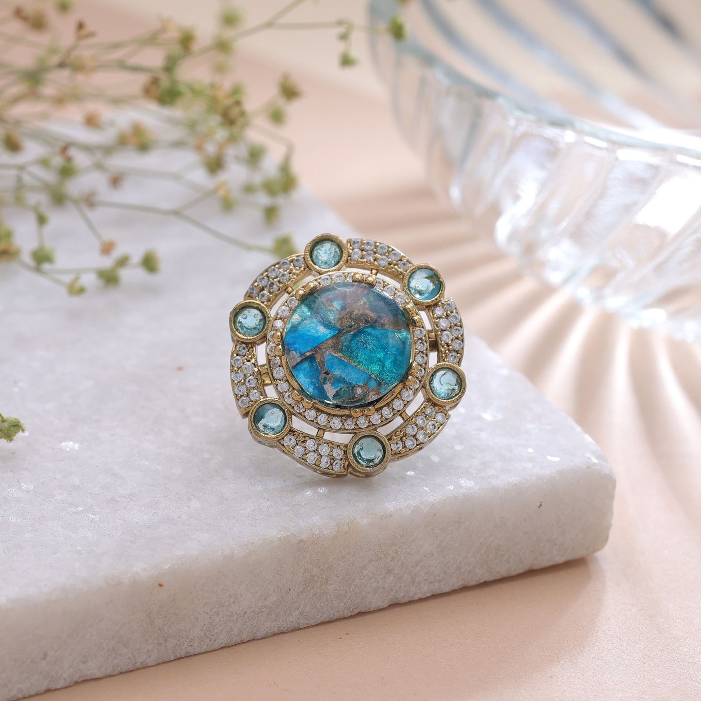 Turquoise Color American Diamond Ring with Elegant Designer Crystal Party Style