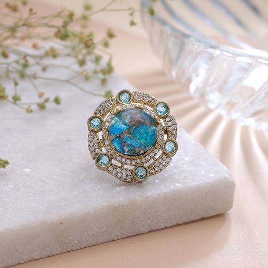Turquoise Color American Diamond Ring with Elegant Designer Crystal Party Style