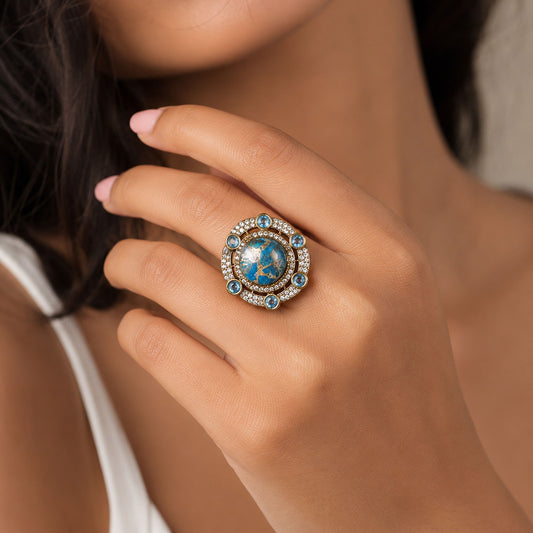 Turquoise Color American Diamond Ring with Elegant Designer Crystal Party Style
