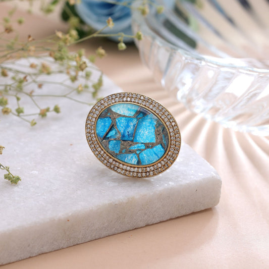 Turquoise Color American Diamond Ring Featuring Beautiful Sparkling Fashion Appeal