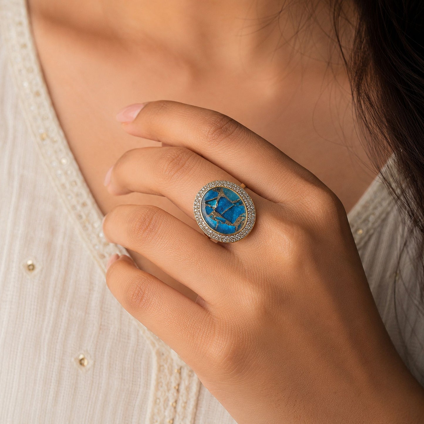 Turquoise Color American Diamond Ring Featuring Beautiful Sparkling Fashion Appeal