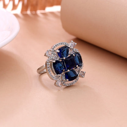 Majestic Sapphire Blue Color American Diamond Statement Ring For Special Occasions