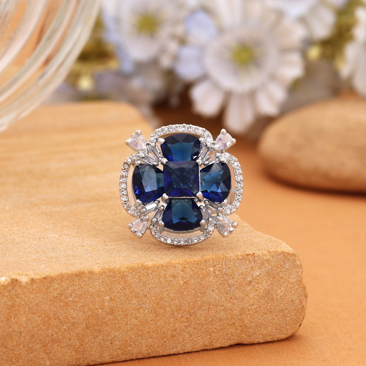 Majestic Sapphire Blue Color American Diamond Statement Ring For Special Occasions