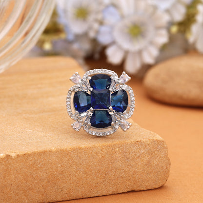 Majestic Sapphire Blue Color American Diamond Statement Ring For Special Occasions