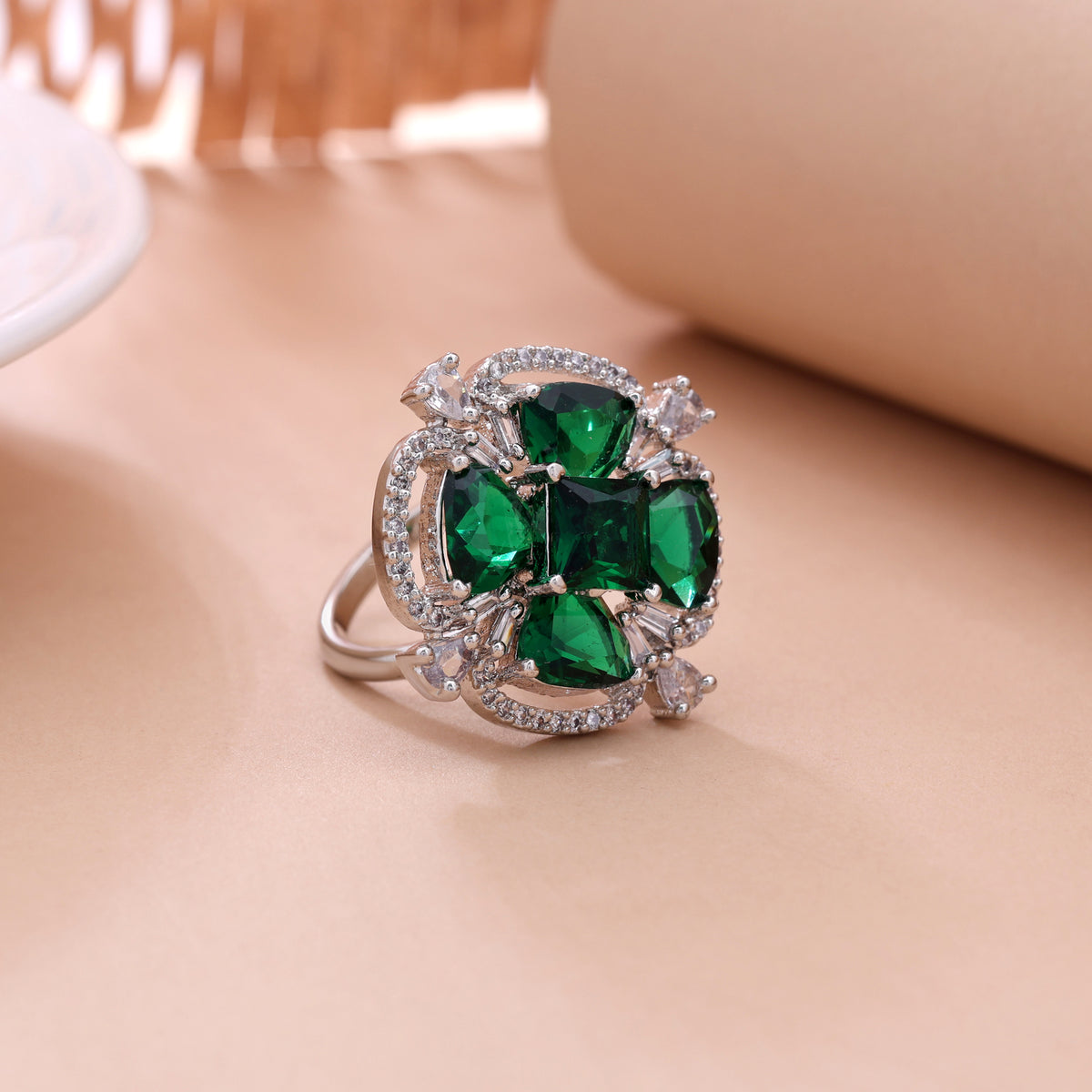 Vibrant Forest Green Color American Diamond Adjustable Ring For Festive Wear