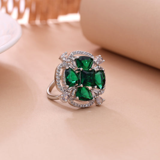 Vibrant Forest Green Color American Diamond Adjustable Ring For Festive Wear