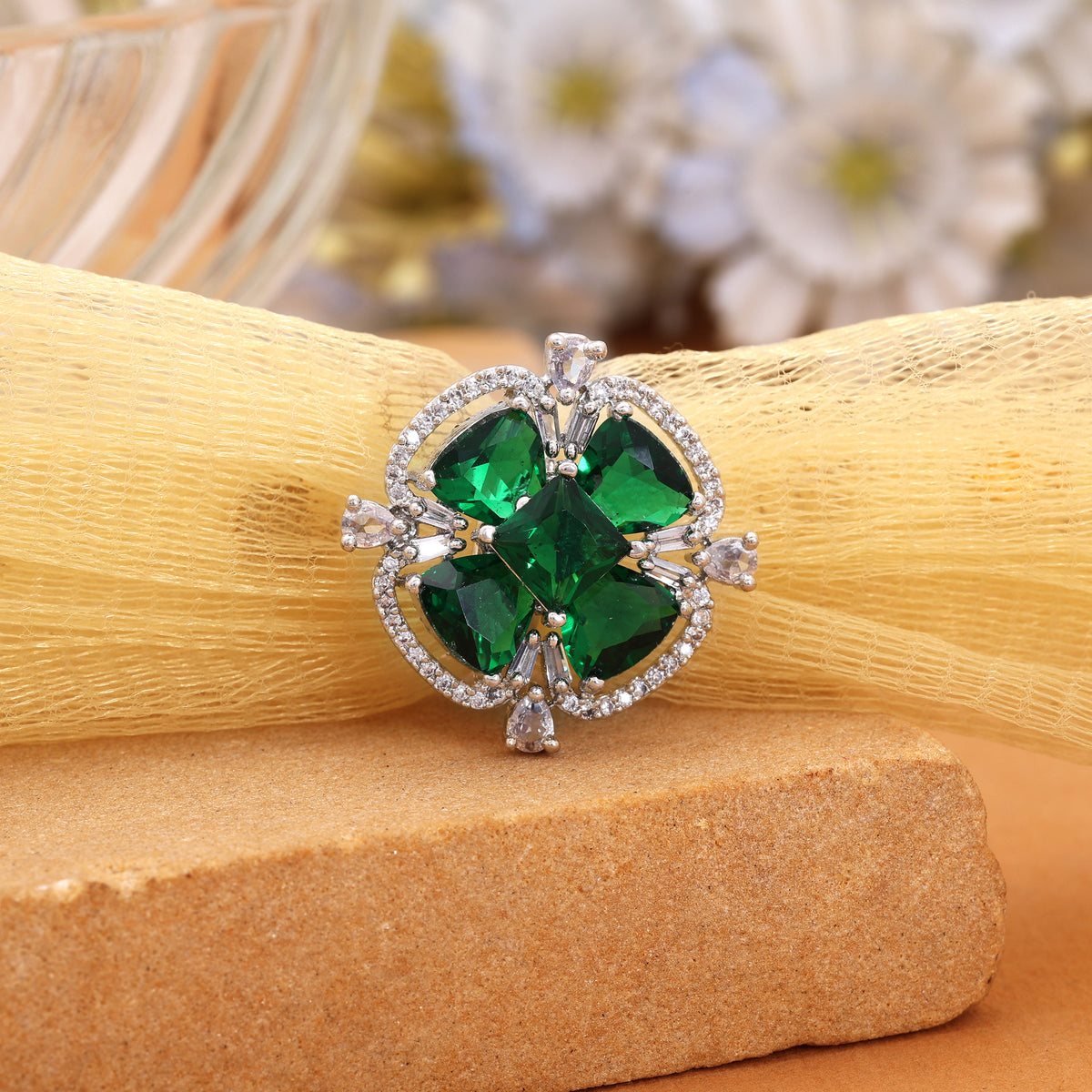 Vibrant Forest Green Color American Diamond Adjustable Ring For Festive Wear