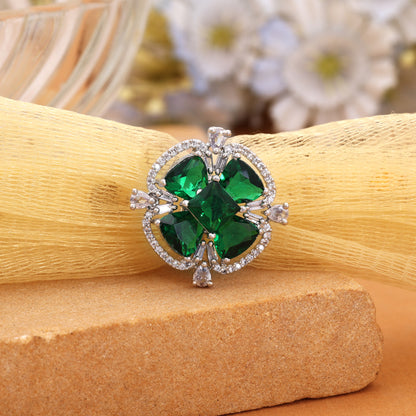 Vibrant Forest Green Color American Diamond Adjustable Ring For Festive Wear