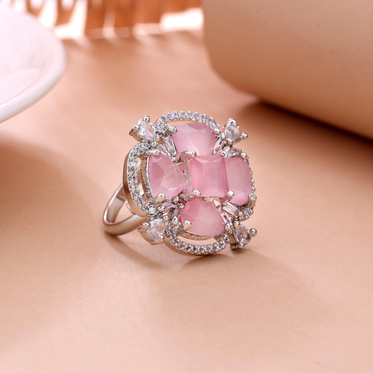 Dainty Soft Light Pink Color American Diamond Ring For Delicate Minimalist Look