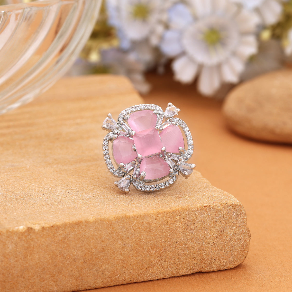 Dainty Soft Light Pink Color American Diamond Ring For Delicate Minimalist Look