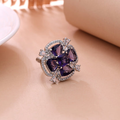 Ornate Deep Purple Color American Diamond Cocktail Ring For Evening Parties
