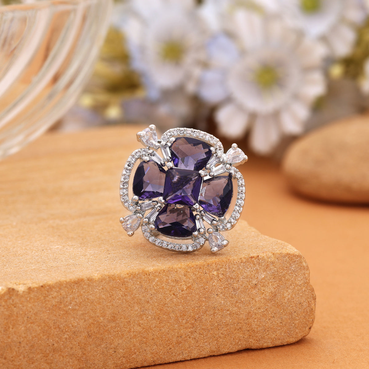 Ornate Deep Purple Color American Diamond Cocktail Ring For Evening Parties