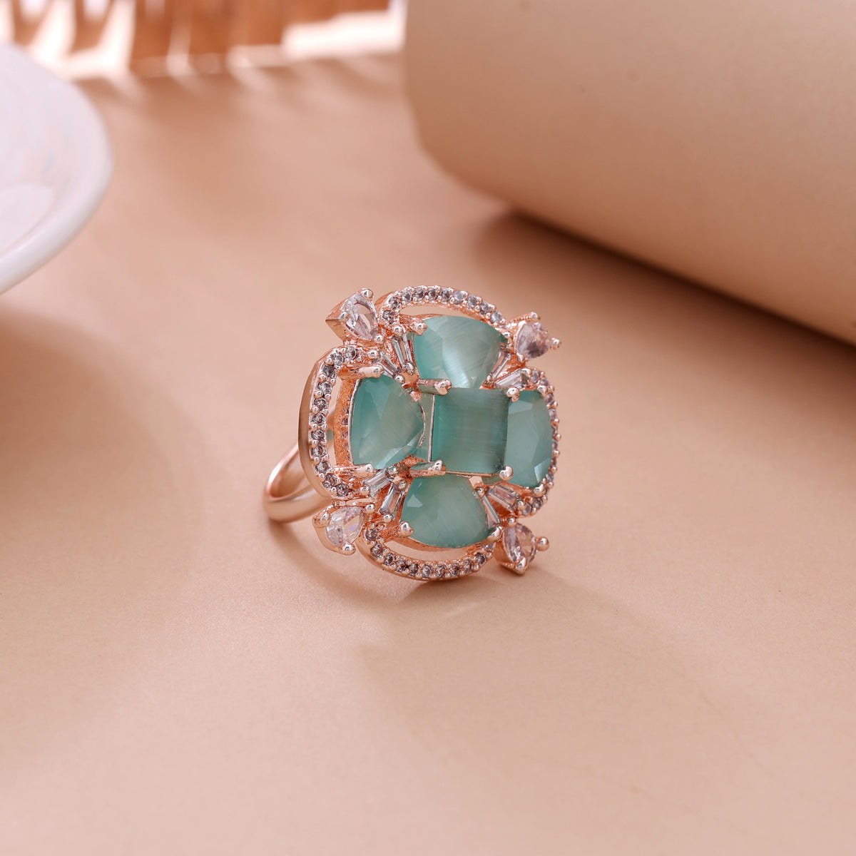 Refreshing Soft Light Green Color American Diamond Ring For Spring Celebrations