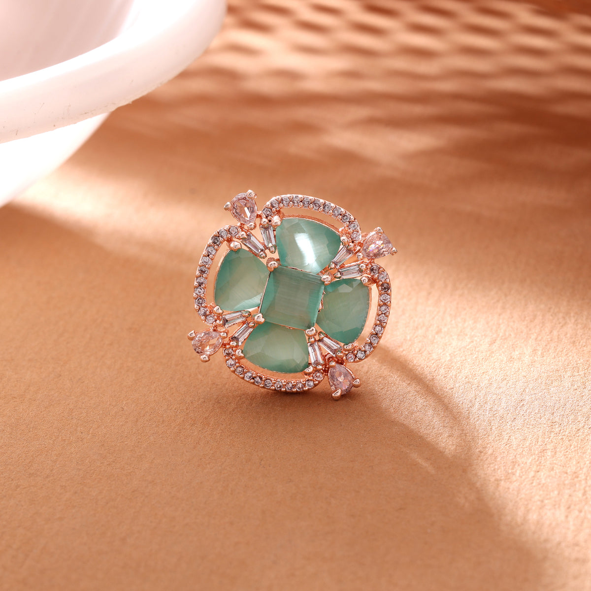 Refreshing Soft Light Green Color American Diamond Ring For Spring Celebrations