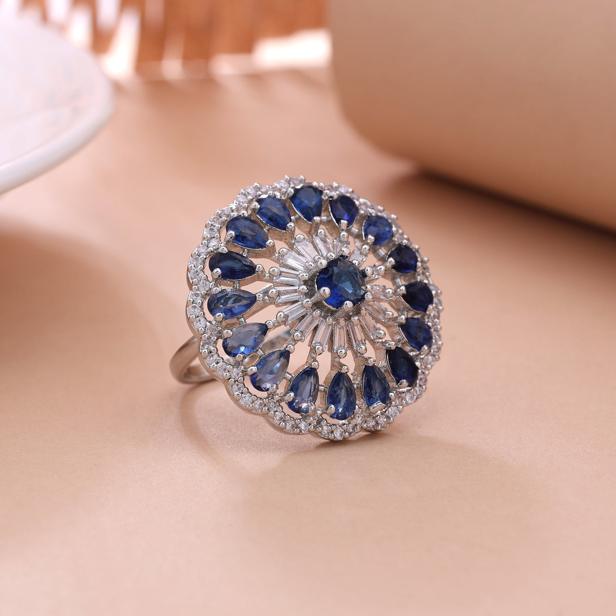 Royal Ocean Blue Color American Diamond Ring For Contemporary Evening Wear