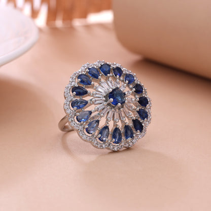 Royal Ocean Blue Color American Diamond Ring For Contemporary Evening Wear