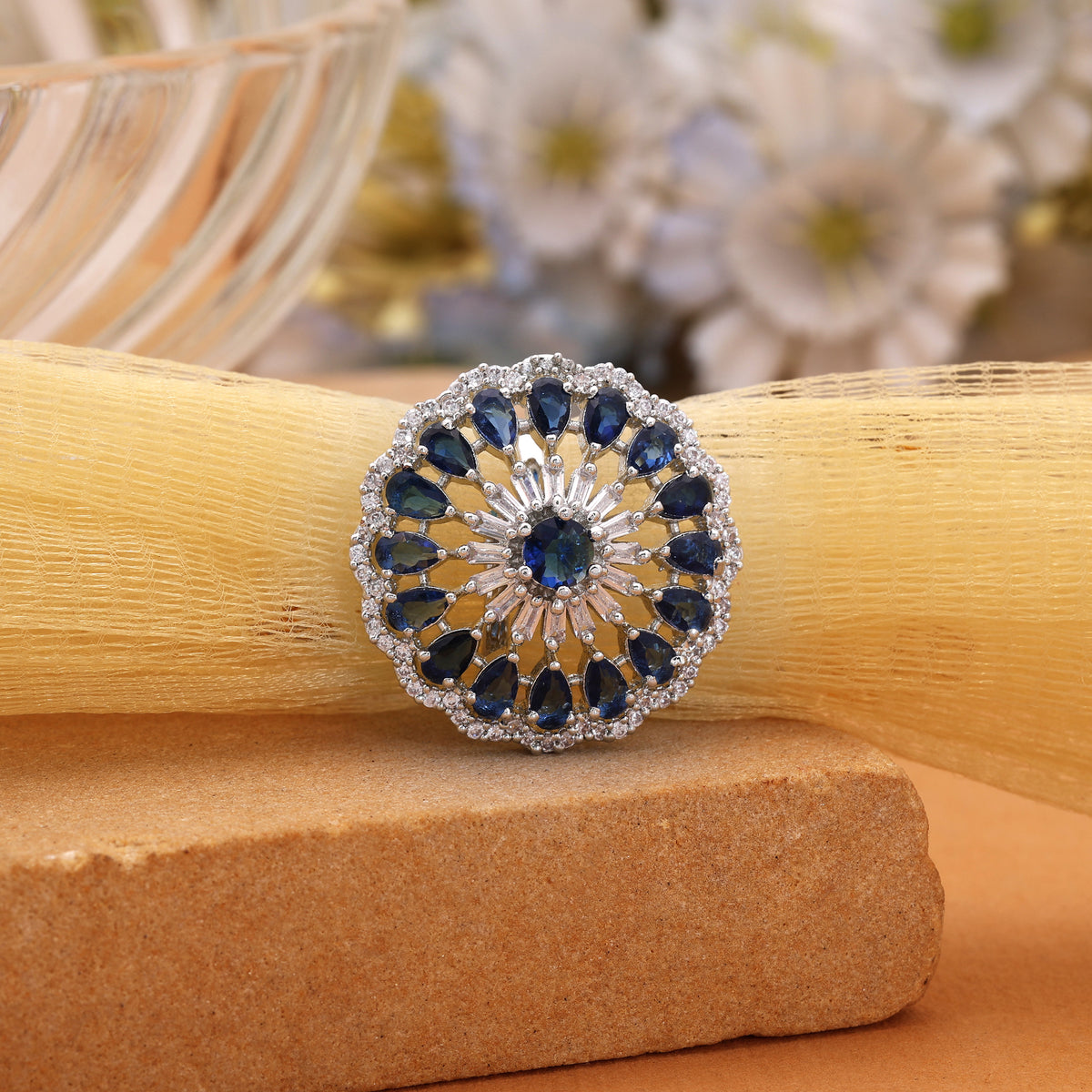 Royal Ocean Blue Color American Diamond Ring For Contemporary Evening Wear