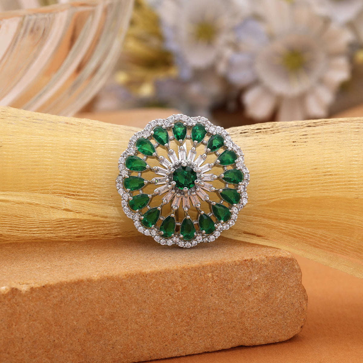 Rich Dark Green Color American Diamond Cocktail Ring For Ethnic Suit Sets