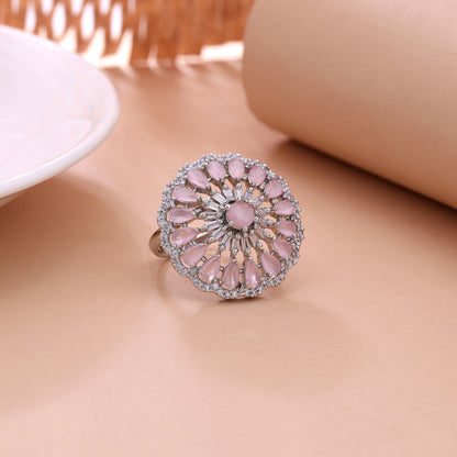 Pastel Powder Light Pink Color American Diamond Ring For Girls Partywear