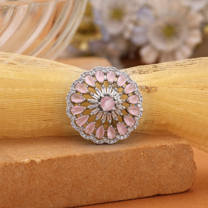 Pastel Powder Light Pink Color American Diamond Ring For Girls Partywear