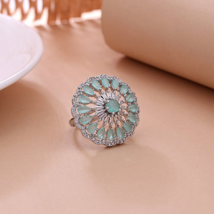 Captivating Teal Rama Green Color American Diamond Ring For Modern Sarees