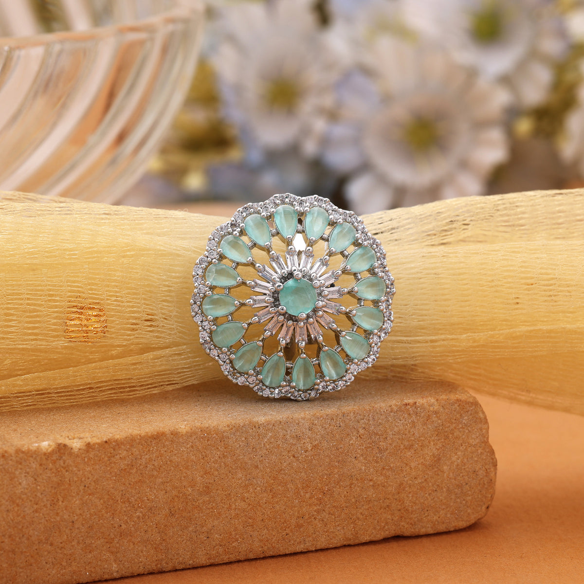 Captivating Teal Rama Green Color American Diamond Ring For Modern Sarees
