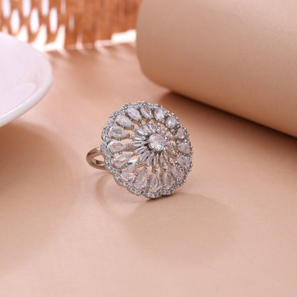 Radiant Fine Silver Color American Diamond Statement Ring For Classic Elegance