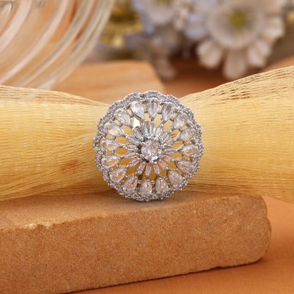 Radiant Fine Silver Color American Diamond Statement Ring For Classic Elegance