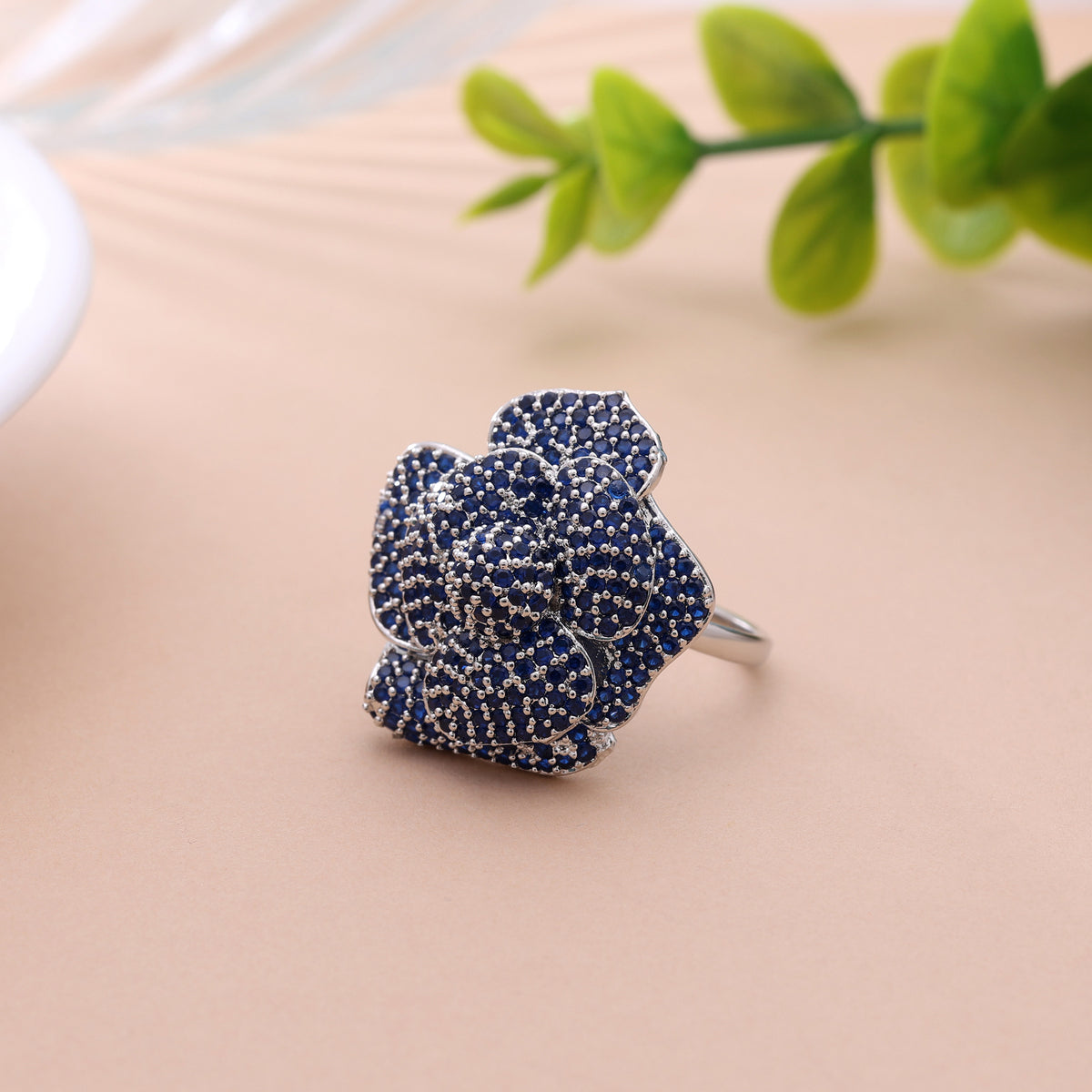 Stunning Royal Blue Color American Diamond Statement Ring For Grand Events