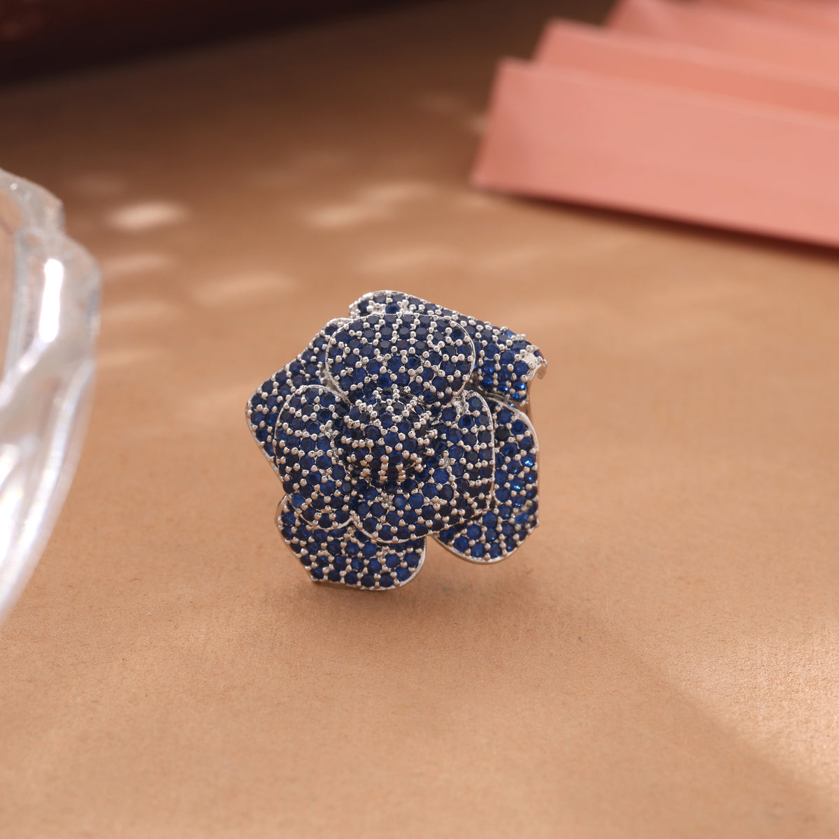 Stunning Royal Blue Color American Diamond Statement Ring For Grand Events