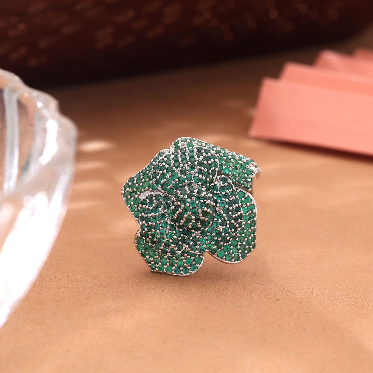 Lush Emerald Green Color American Diamond Ring For Traditional Indian Attire