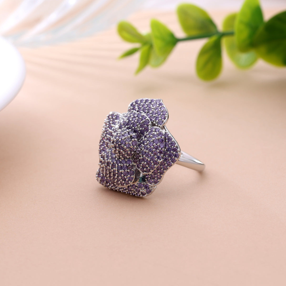 Glamorous Imperial Purple Color American Diamond Ring For Designer Functions