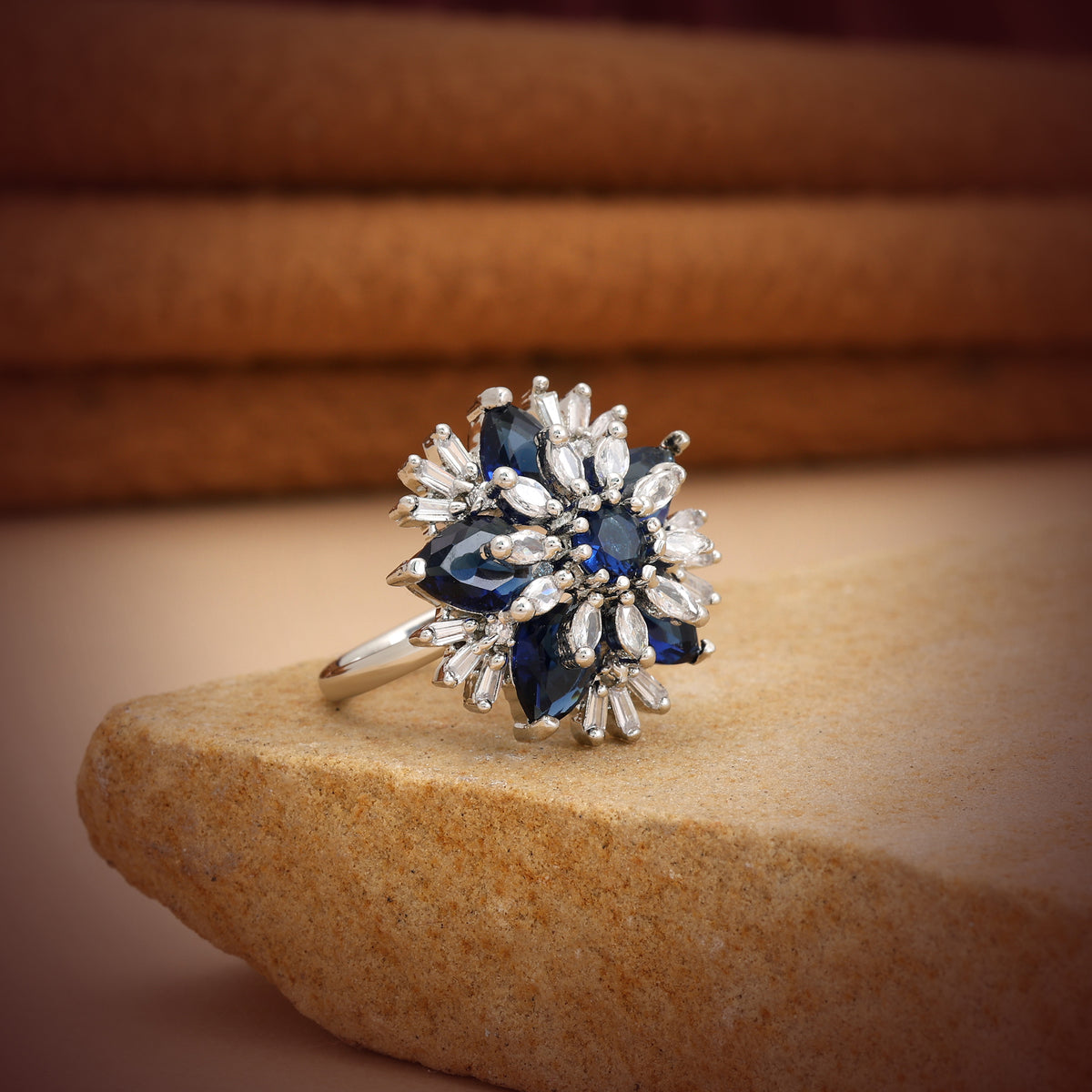 Majestic Sapphire Blue Color American Diamond Adjustable Ring For Special Occasions
