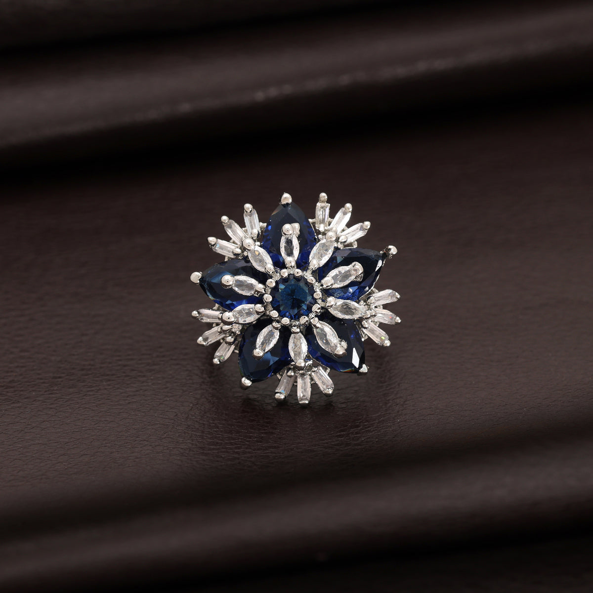 Majestic Sapphire Blue Color American Diamond Adjustable Ring For Special Occasions