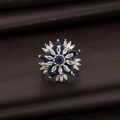 Majestic Sapphire Blue Color American Diamond Adjustable Ring For Special Occasions