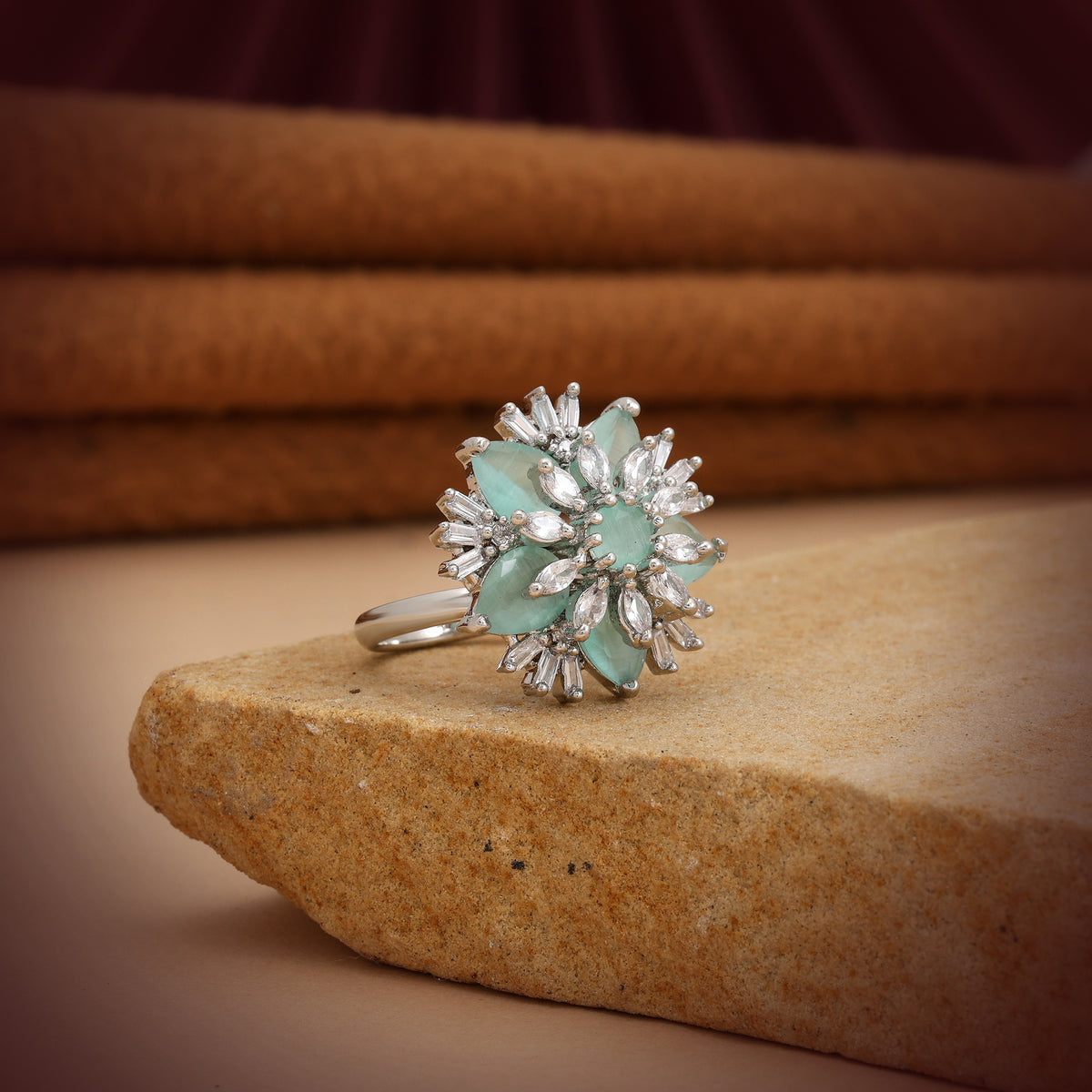 Refreshing Pastel Pista Green Color American Diamond Ring For Elegant Partywear